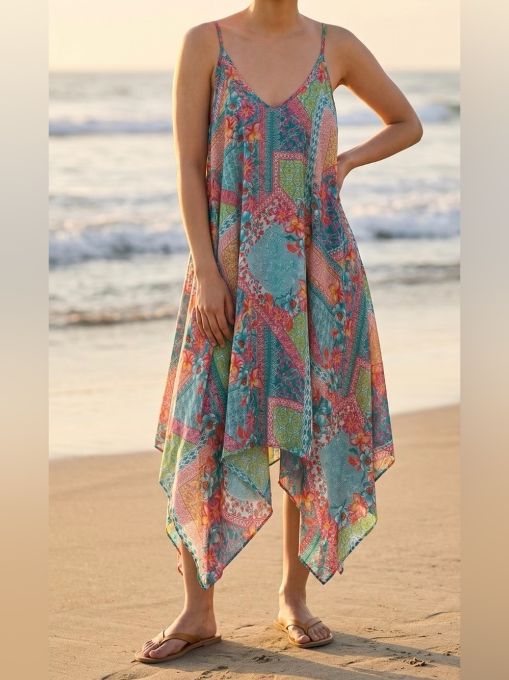 Teal Floral Patchwork Asymmetrical Beach Dress